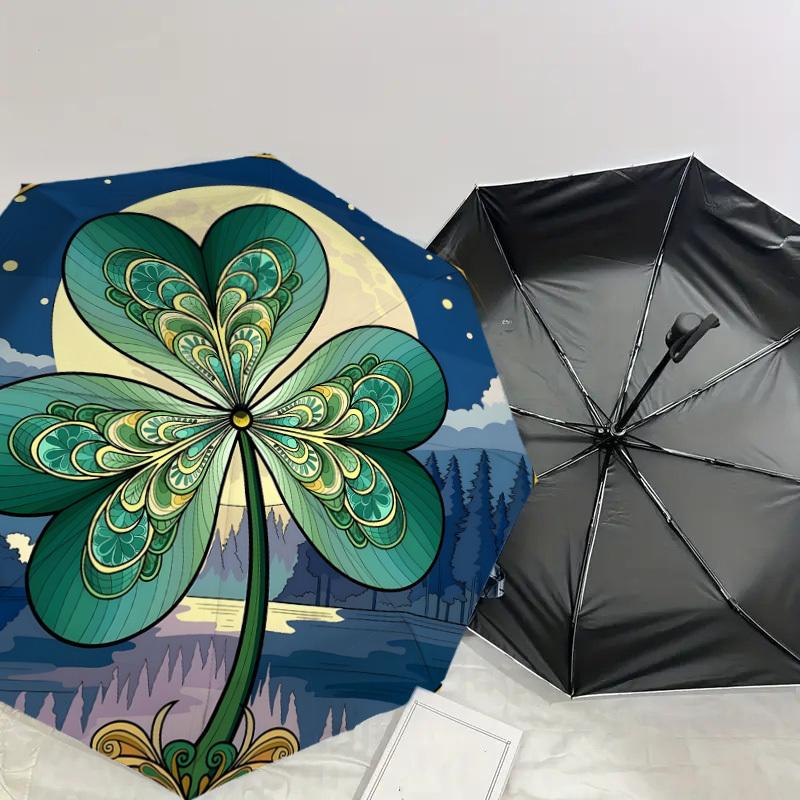 1pc Four-Leaf Clover with Forest Scene Umbrella with Plastic Handle,Suitable for All Seasons Home Travel Outdoor UmbrellaDD1171