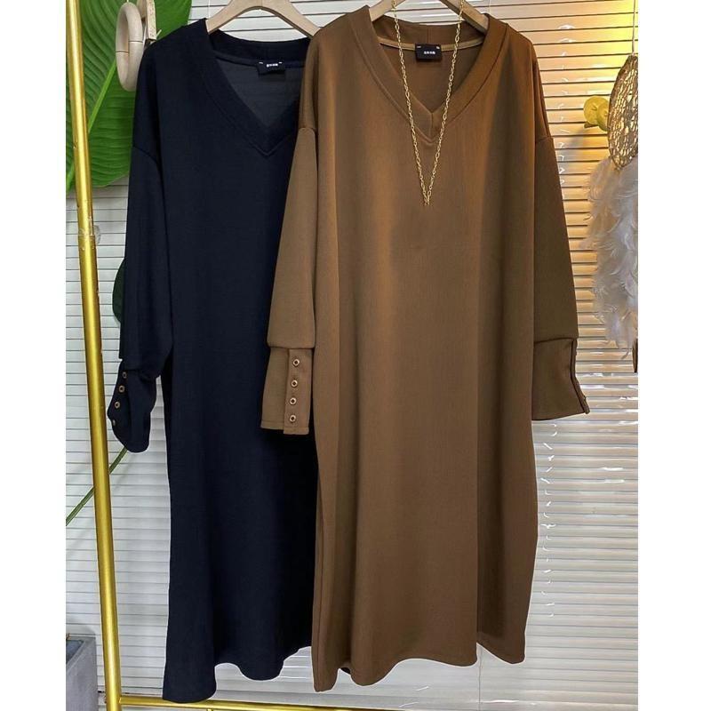 

Women Autumn and Winter V-neck Loose and Lazy Style Long Base Dress Solid-color Simple Causal Maxi Dress 3XL чёрный