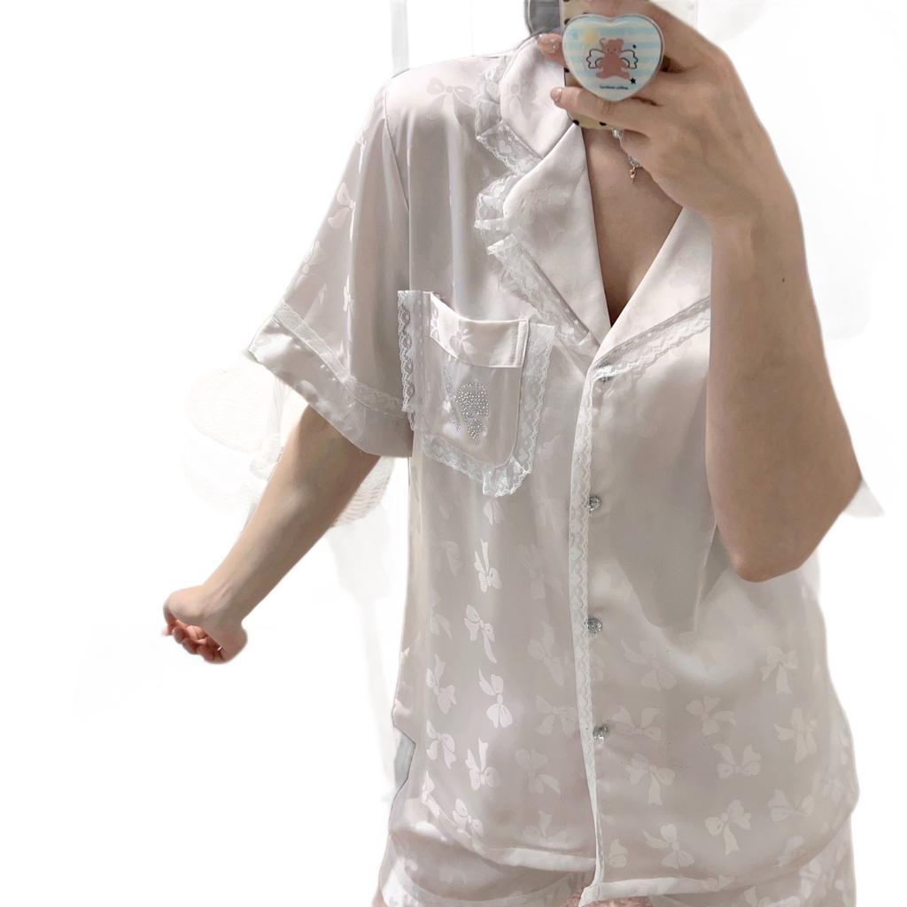 Summer ice silk thin pajamas women's pure lace short-sleeved lapel loungewear suit can be worn outside
