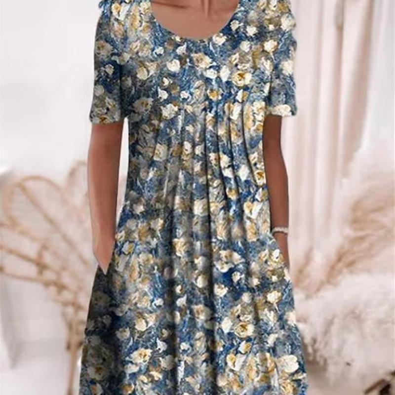 Spring and Summer Floral Print Crew Neck Pocket Women's Fashion Casual Crew Neck Trend Print Medium and Long Dress
