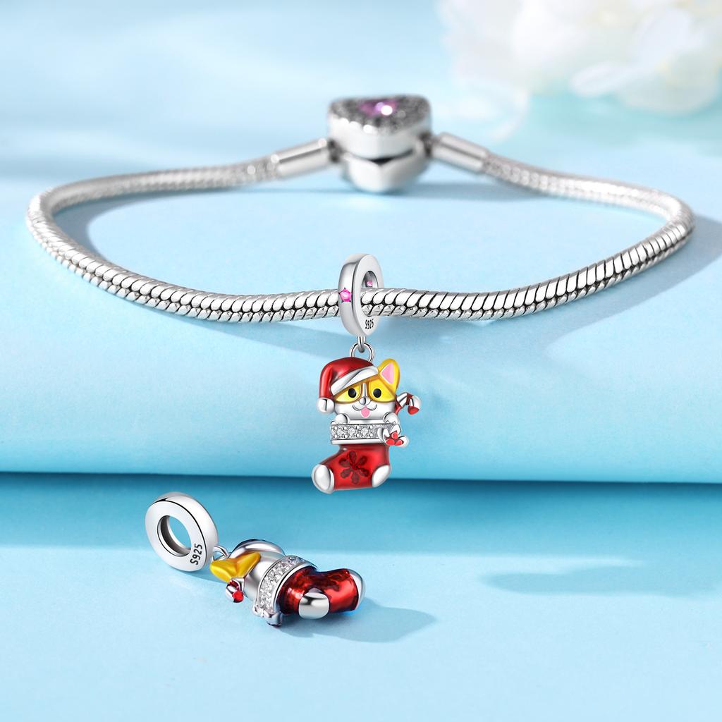 Copper Christmas Dog Socks Pendants Bracelet Charms Fit Bangle For Women Jewelry Party Beads Diy Gifts Accessory