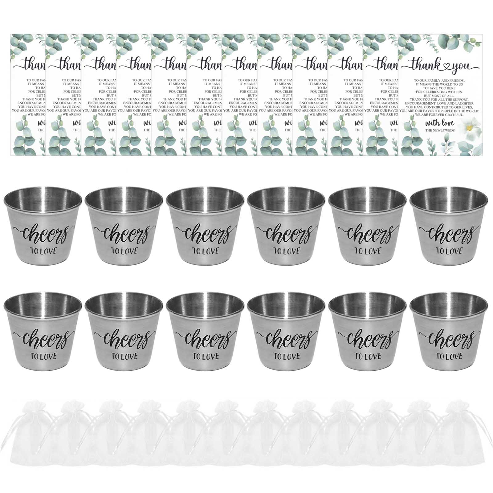 

Упаковка из 12 свадебных сувениров, сувениры для вечеринок с прозрачными пакетами и благодарственной открыткой, чашки из нержавеющей стали, подарки для гостей