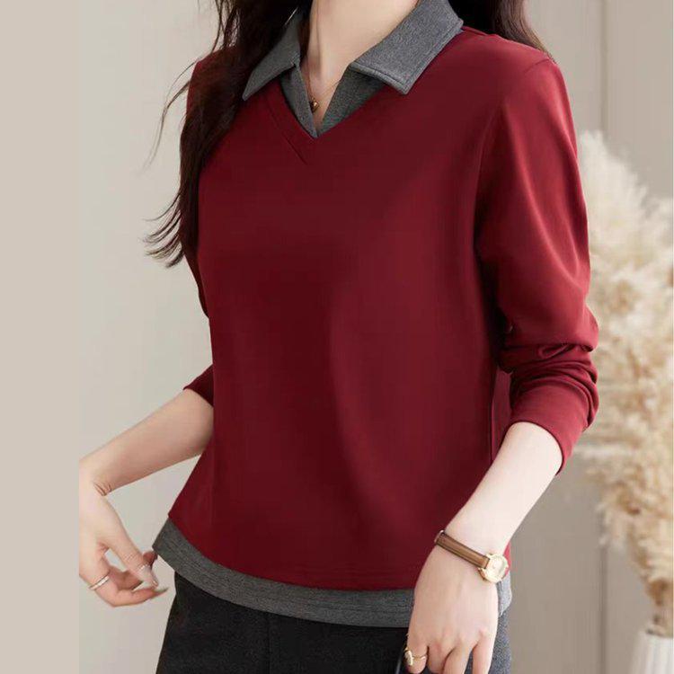 Women's 2025 Slimming Long-Sleeve T-Shirt with Lapel - Versatile Spring/Autumn Top