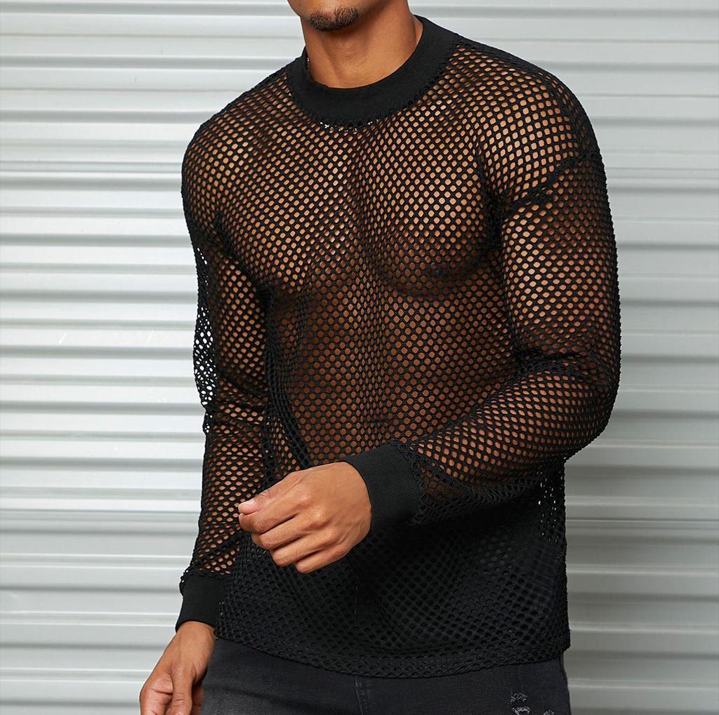 Men's Sexy Mesh Long Sleeve See-Through T-Shirt - Breathable Nightclub Wear