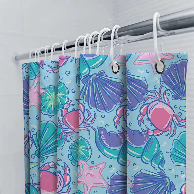 Vibrant Underwater World Shower Curtain Set Sea Shell Crab Starfish Design For Bathroom Decor