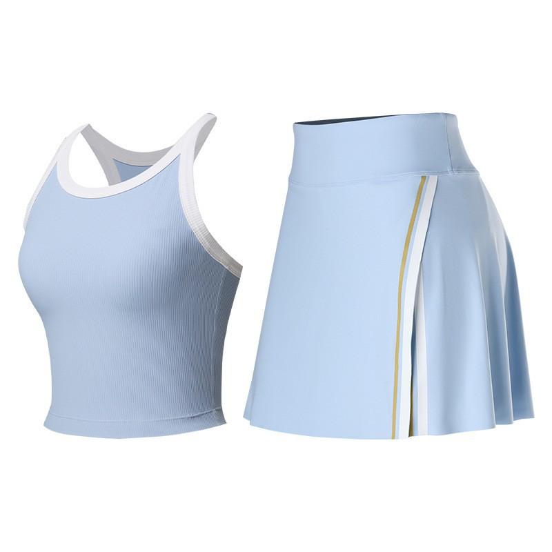 

Tennis Suit Suspender Vest Slit Tight Culottes Two-piece Contrast Color Yoga Fitness Skirt S