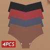 4PCS Women Seamless Briefs Sexy V-Waist Underwear 10 Solid Colors Ice Silk No Trace Panties Female Breathable Intimates Lingerie