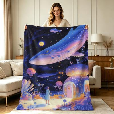 For All Season Flannel Fleece Blanket with Dreamy Underwater Starry Sky Whale And Girl Print Soft Warm Cozy Lightweight Throw Blanket for Couch Sofa B