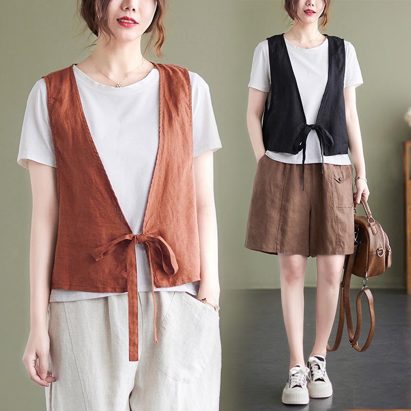 

Linen Retro Vest: Women s Loose-Fit Cotton Outerwear Top (2026 Style) 2XL чёрный