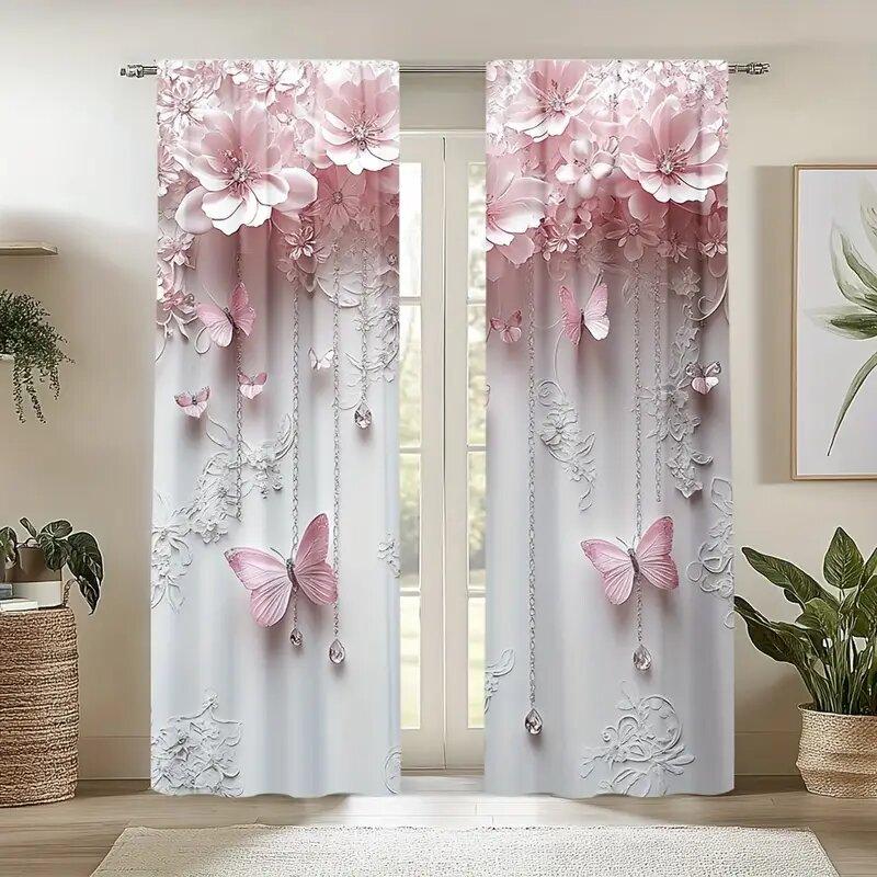 Pink Flowers and Butterflies - Pole Bag Curtains   Bedroom and Kitchen Decoration   Home Decoration   Living Room Decoration