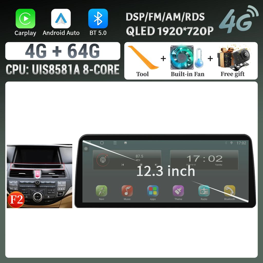 12.3inch Android For Honda Accord 2008-2012 Car Radio Multimedia Navigation 4G GPS Wireless BT CarPlay Touch Head Unit Screen