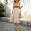 Women Casual Color Block Off Shoulder Embroidered Midi A Line Sleeveless Dress