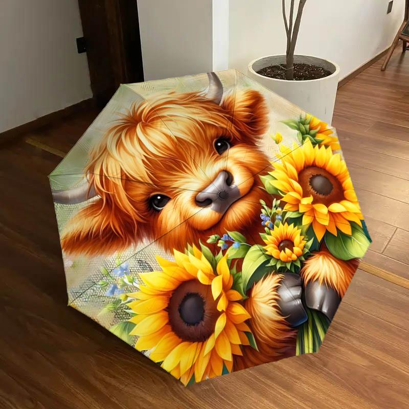 

Sunflower Bouquet Highland Cow Umbrella - Automatic Opening/Closing, Portable Folding Design, 8-Bone Iron Frame, Outdoor, Ideal Gift for Fan