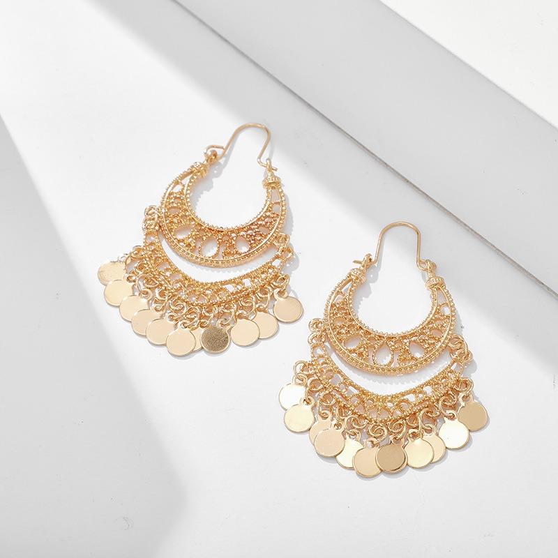 Bohemian  Trendy Gold Sequin Tassel Hoop Drop Earrings Women's Luxury Ethnic Style Party Bridal Gift Accessories
