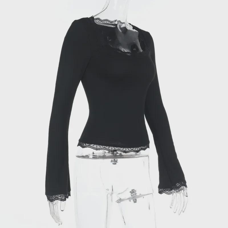 2025 Spring/Summer European & American Style Women's Sexy Slim Lace Long Sleeve Top