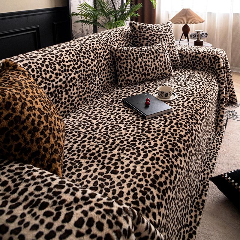 Winter thickened warm leopard print plush sofa seat cushion solid color sofa cover cloth sofa seat cushion living room