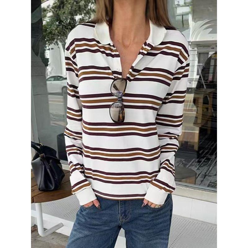 Western Style Fashion Loose Casual Stripe Long Sleeves Shirt Top Striped Long Sleeve Shirt