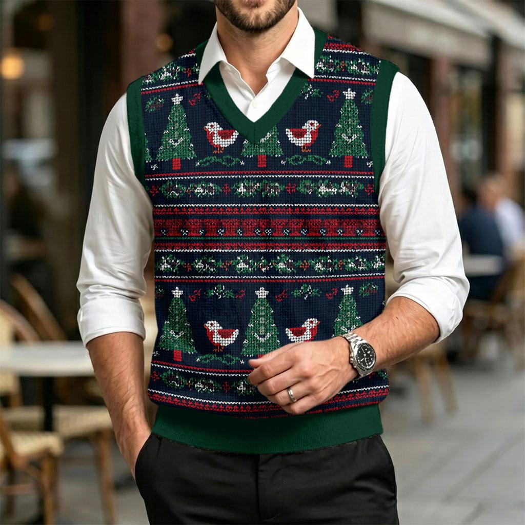 Men's V-Neck Sleeveless Knit Vest Casual Wool with Christmas Print for Commuting