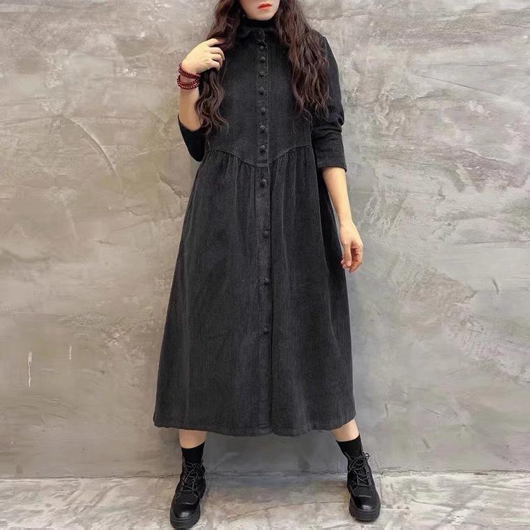 Women Fleece Lined Corduroy Trench Coat Vintage Loose Mid‑Long Long Sleeve Windbreaker Jacket For Autumn Winter