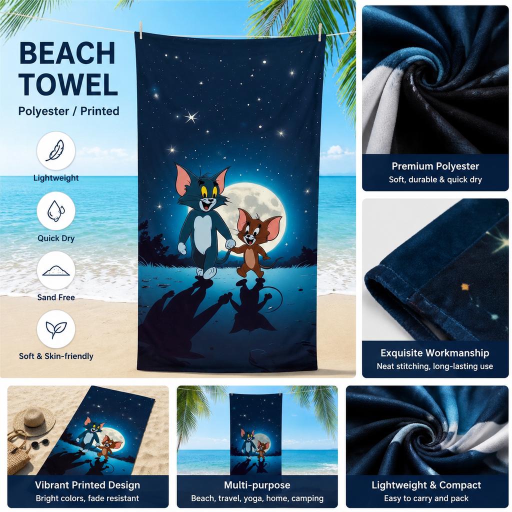 T-Tom a-and J-Jerry Starry Night Beach Towel Full Moon Water Reflection Print Quick Dry Towel Pool Camping Kids Teens Gift