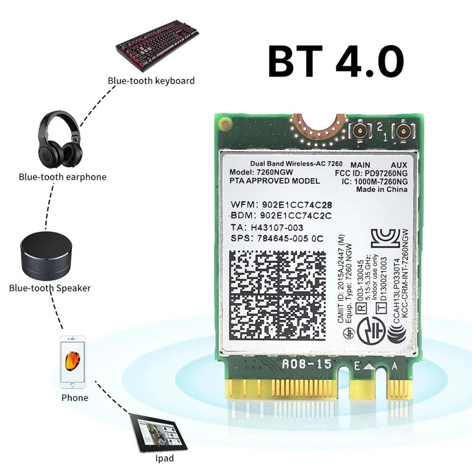 7260NGW M.2 Беспроводная карта Wi-Fi 1200 Мбит/с Двухдиапазонная 2,4 ГГц 5 ГГц Bluetooth 4.0 Адаптерная карта 802.11AC с антенной для ноутбуков, настольных ПК