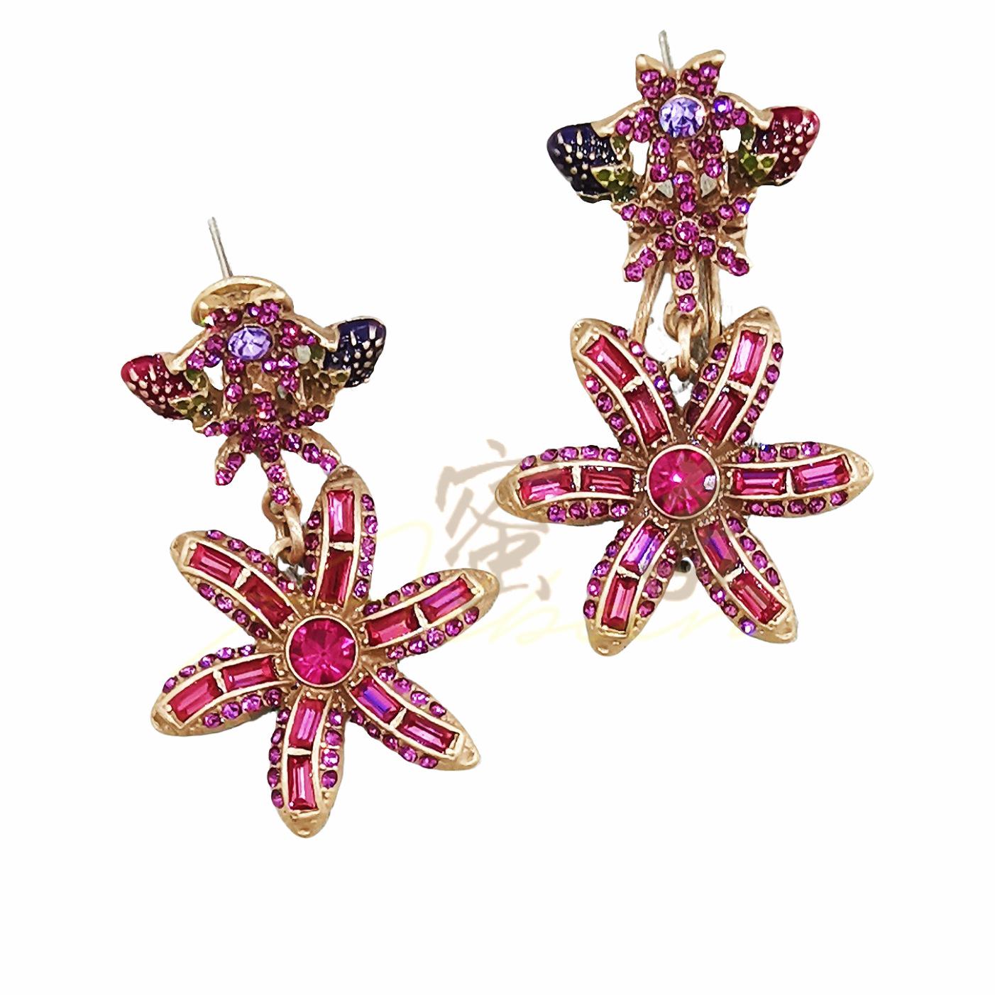 

Strawberry Pink Six-Petal Flower Vintage Earrings with Zircon, Gold-Plated Drop Design