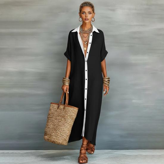 Sommer-Maxikleid für Damen Knopfleiste Kurzarm Tunika-Hemdkleid Lässig Reise Urlaub Locker Lang