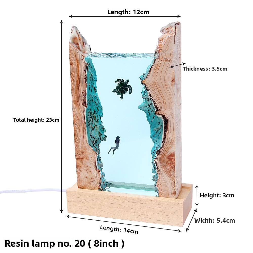 Handmade Solid Wood & Resin Sea Turtle Cube Night Light, Ocean Animal Desk Lamp, Bedroom Office Home Decor Art Craft Gift