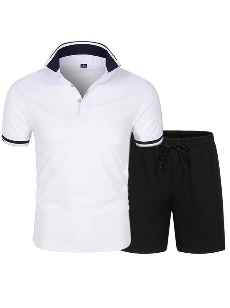 Men's Summer Short Sleeve Polo Shirt & Shorts Set - Fashion Lapel Color Contrast Casual Sportswear