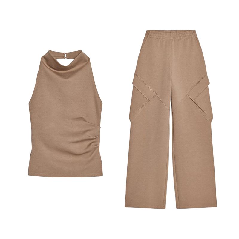 Off-the-Shoulder Hanging Collar Casual Tops 4174182 Cotton Blended Overalls Wide Leg Mid Waist Pants 4174183