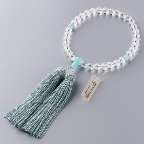 Buddhist Altar Shop Takita Shoten Kyoto Buddhist Prayer Beads for Women, Genuine Crystal and Sea Blue Chalcedony, 8mm Beads, Silk Tassel, Prayer Bead