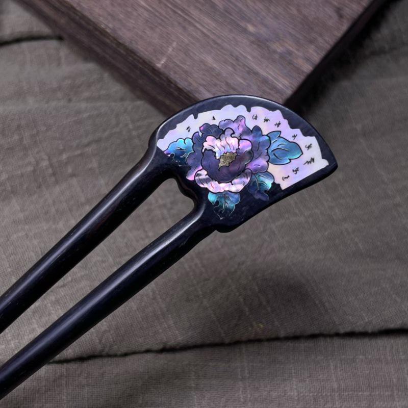 

Chinese Black Ebony Mother-of-Pearl Qipao Hairpin - Ancient Style Headwear for Updo & Styling