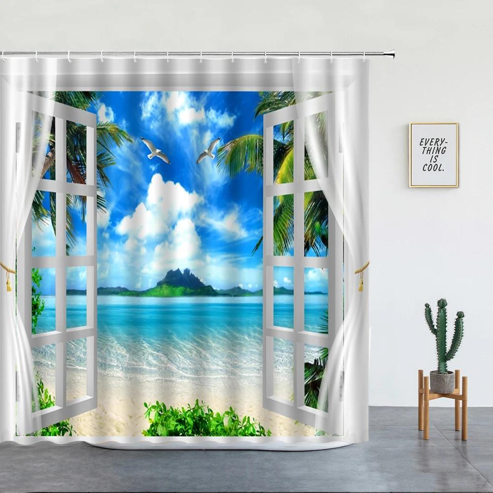 Beach Palm Trees Shower Curtains Sunset Island Hawaii Ocean Natural Landscape Polyester Bathroom Decor Cloth Bathtub Curtain Set