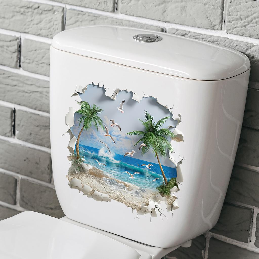Broken Wall Beach Coconut Tree Toilet Cover - Bathroom Toilet Lid Decorative Sticker