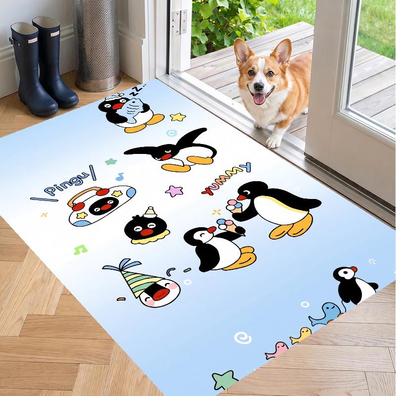 Crystal Velvet Rug with Pingu Design, Soft Non-Slip Floor Mat for Living Room Bedroom Decor
