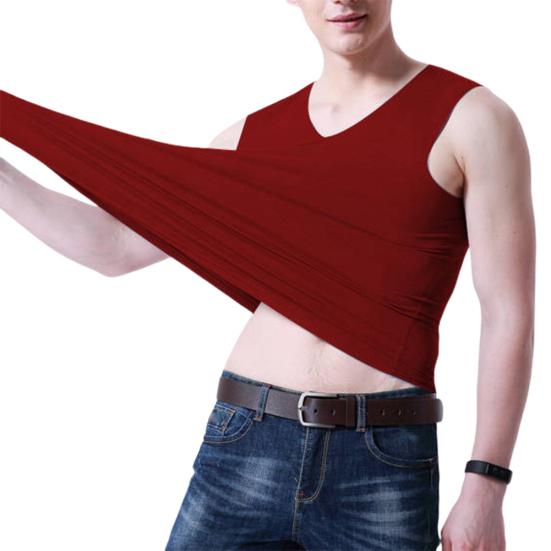 

Плюс размер мужской спортивный однотонный без рукавов с V-образным вырезом тонкий бесшовный жилет майка XL вино красного