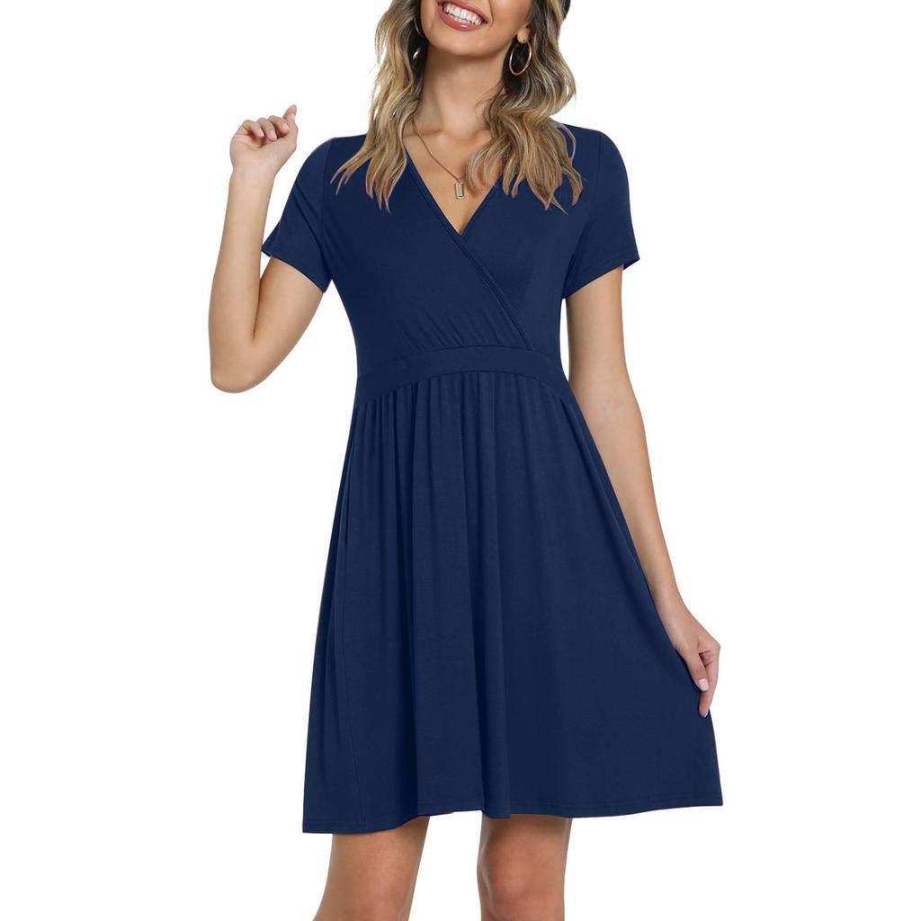 Women's Casual Fasion Solid Color Cross V-neck Short-sleeve Waist A-line Big Swing Dress