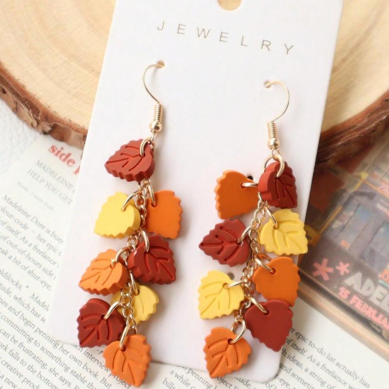 1 paire Automne Hiver Acrylique Luxe Émail Cuit Faux Texture Argile Douce Boucles d'oreilles Feuilles Fait Main Délicat Élégant Style Vintage Gouttes