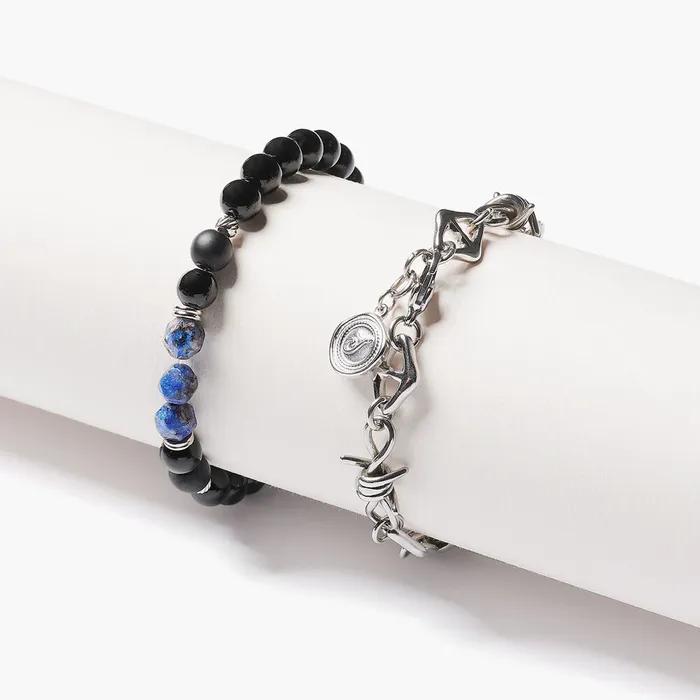 Cut Blue Lapis 895 Wire Diamond Mix 1163 Bracelet Set (C2503-SE425_BK)