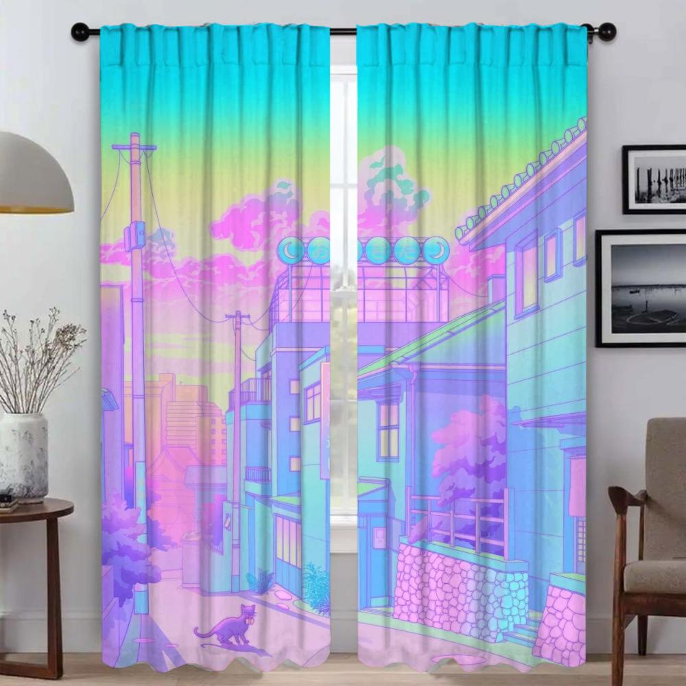 Blackout Curtain for Room 2 Panel City Pop Partition Curtains for Bedroom Home Interior Curtains Halloween Decoration Shades