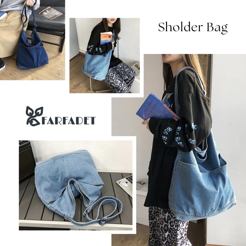 FARFADET Adjustable Denim Shoulder Tote Diaper Large Fits A4 and Popular Crossbody A4 Korean Eco Blue Bag, Bag, Bag, Capacity, Lightweight, Files,