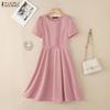 ZANZEA Women Casual Round Neck Summer Puff Short Sleeve Dress