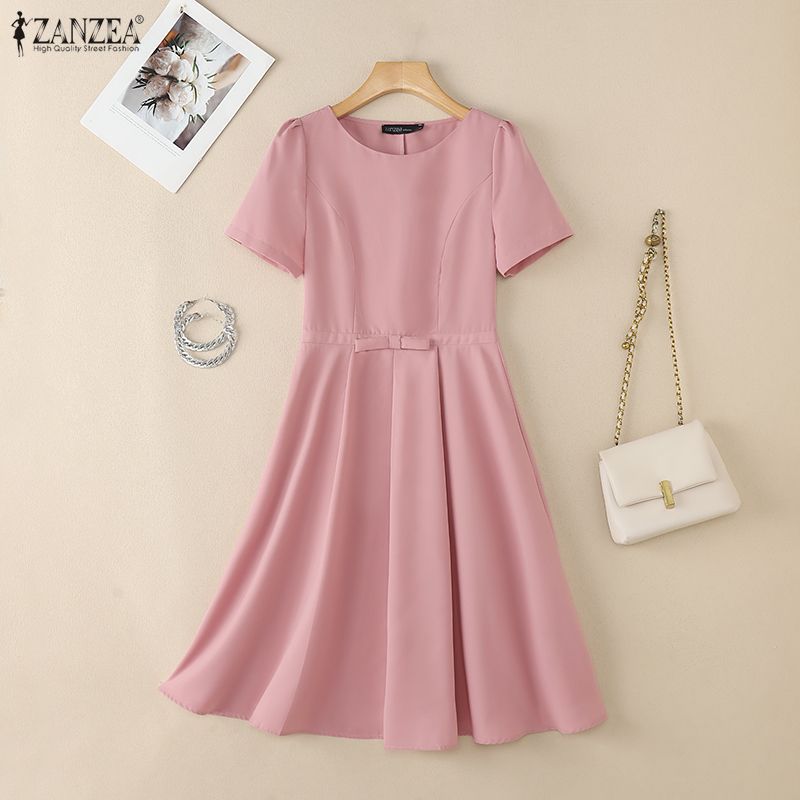 ZANZEA Women Casual Round Neck Summer Puff Short Sleeve Dress