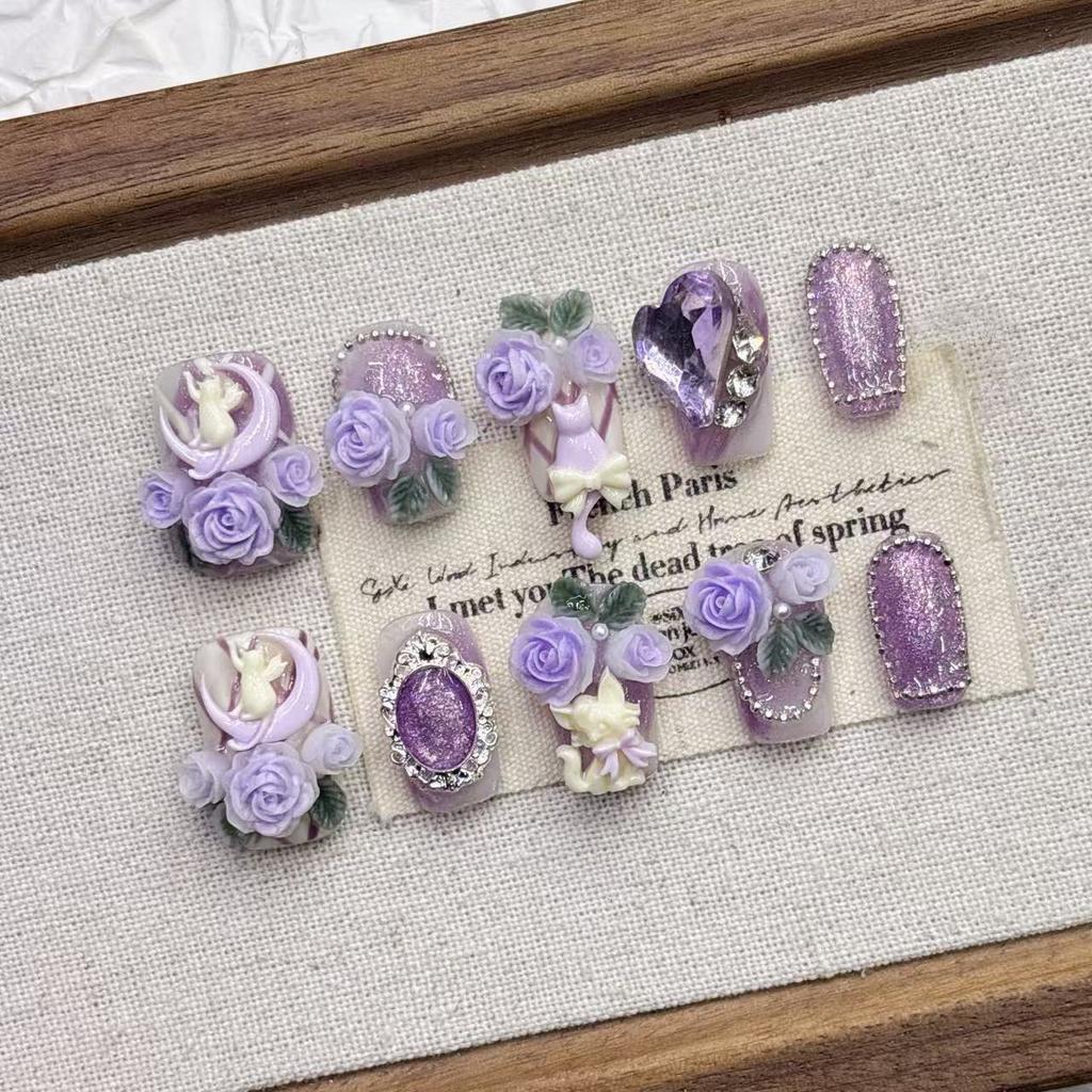Purple Press On Nails Almond Fake Nails French Tip False Nails with Cat Design Full Cover Acrylic Glue On Nails Artificial Stick On Nails for Women