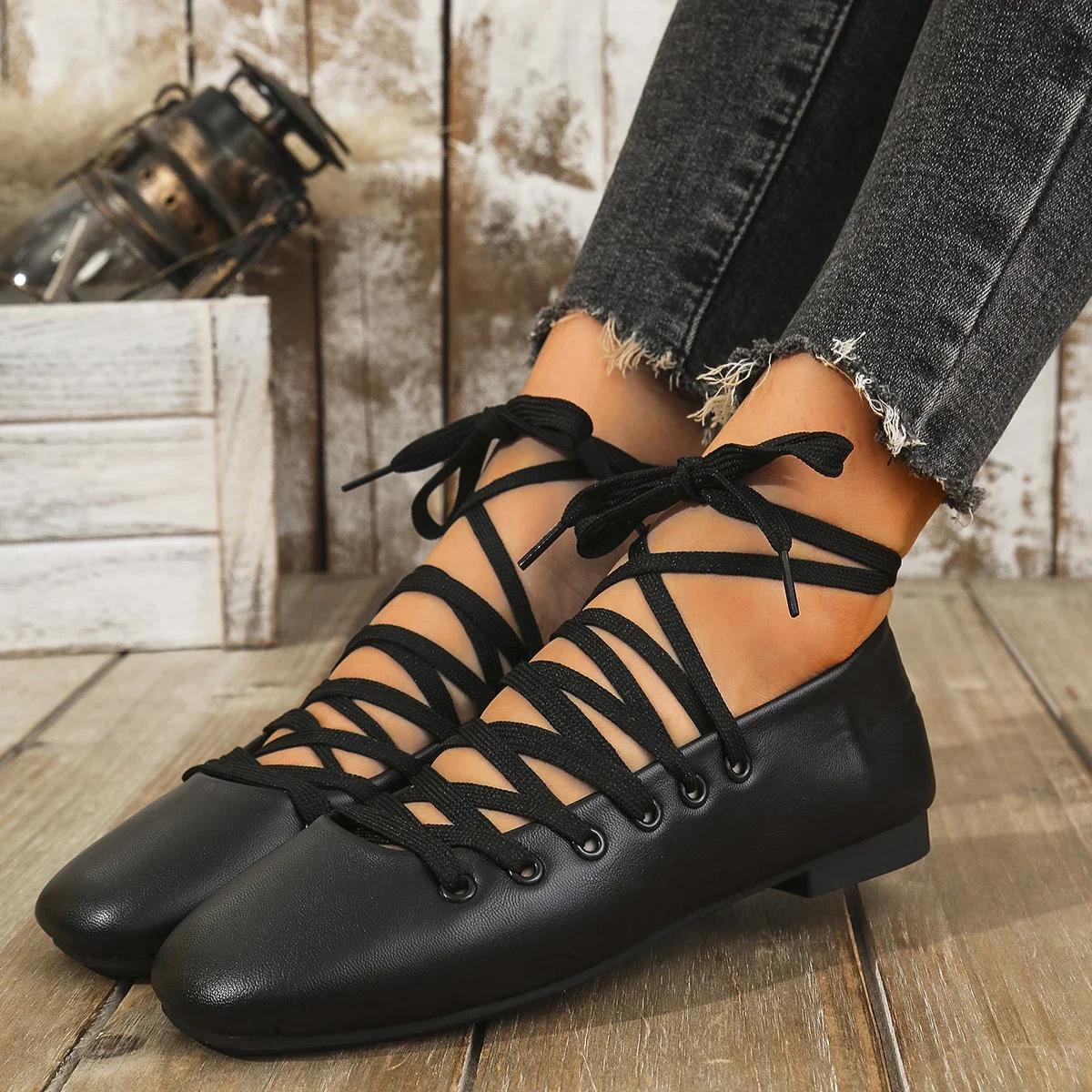 

Women Casual Ankle Strap Loafers Comfortable Square Toe Flats Lace Up Wallking Cross Tie Straps Lightweight Outdoor Shoes 36 чёрный