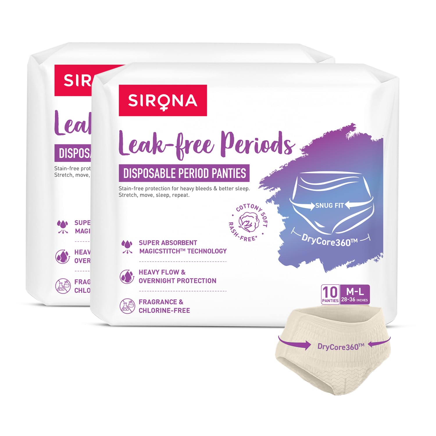 

Sirona Disposable Period Panty for Girls & Women | M-L | Pack of 20| 360° Coverage for Stress Free Periods | Leakage Protection for Heavy Flow |