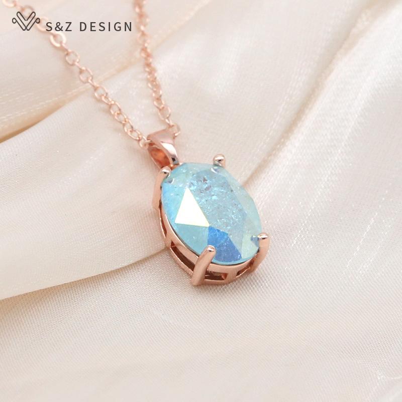 Fashion Ice Crack Egg Shape Oval Crystal Pendant Necklace For Women Elegant Party Rose Gold Color Jewelry