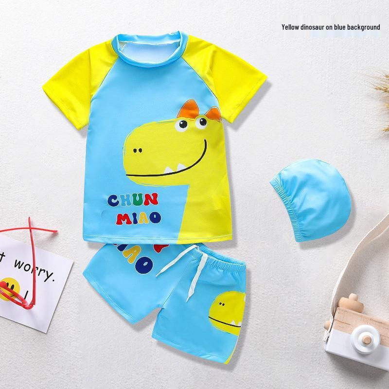 Cartoon Boys' Toddler Sun Protection Quick-Dry Swimsuit Set with Swim Cap
