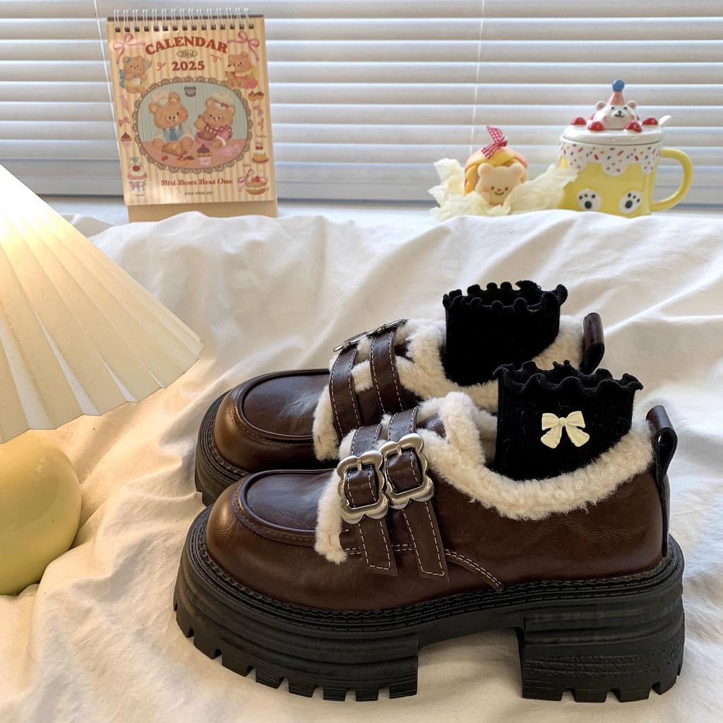 Leather velvet loafers cotton shoes children's shoes versatile autumn and winter new thick-soled fluffy Mary Jane small leather shoes