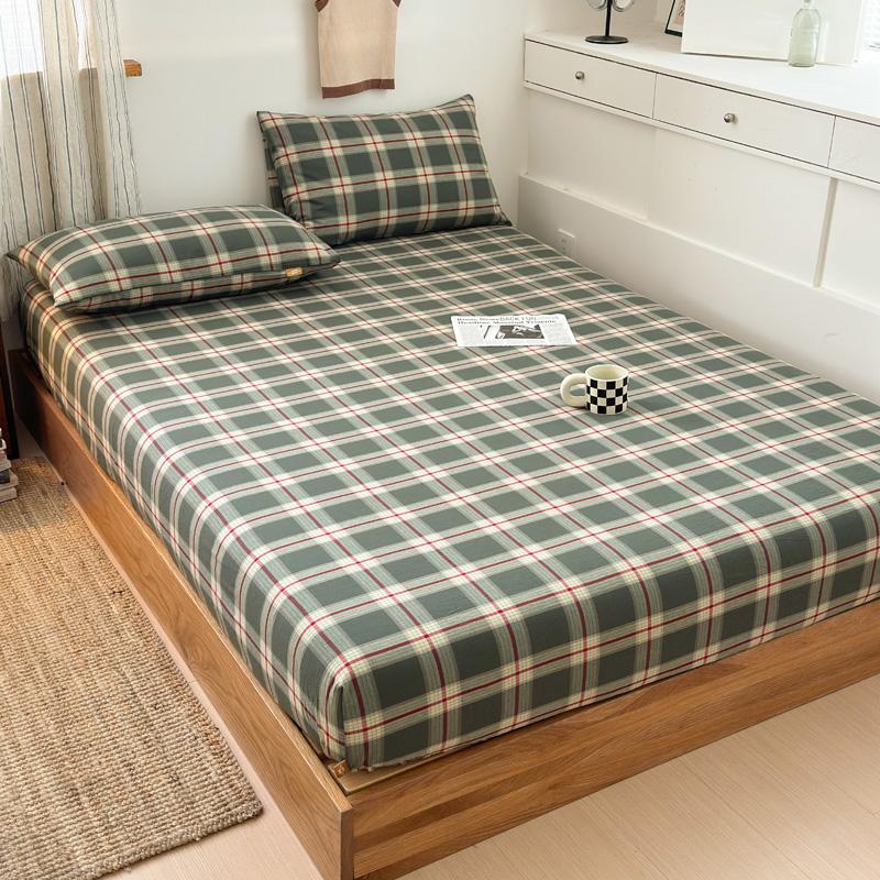 Simple Gray Small Grid Cotton Yarn-dyed Washed Cotton Fitted Sheet Soft and Skin-friendly Light Mattress Cover